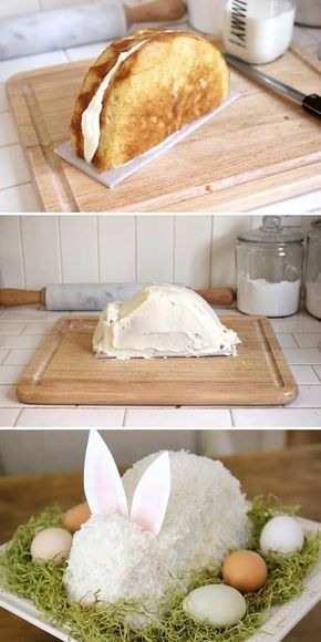 Easter Bunny Cake - Remember old-fashioned cutout cakes? This cute bunny is easily made and covered with mouthwatering coconut. Easter Centerpieces Diy, Diy Osterschmuck, Dinner Table Centerpieces, Fest Mad, Easter Bunny Cake, Cupcakes Decorados, God Mad, Easter Baking, Bunny Cake