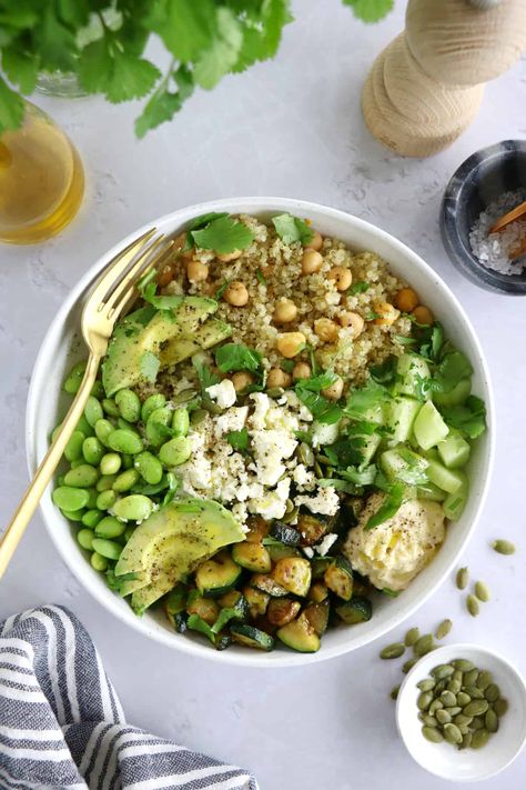 Green Goddess Quinoa, Green Beans Salad, Beans Salad, White Bean Hummus, Salad Quinoa, Roasted Broccolini, Quinoa Bowls, Vegan Feta Cheese, Grilled Halloumi