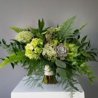 A gorgeous garden styled bouquet featuring a blend of vibrant greenery, succulents and other textures, hand-tied with a ribbon wrapped stem. Perfect for destination weddings, courthouse surprises, and romantic elopements. Greens Bouquet, Lace Hydrangea, Fern Centerpiece, Fern Bouquet, Eucalyptus Wedding Bouquet, Fern Wedding, Green Wedding Bouquet, Green Centerpieces, Greenery Wedding Decor