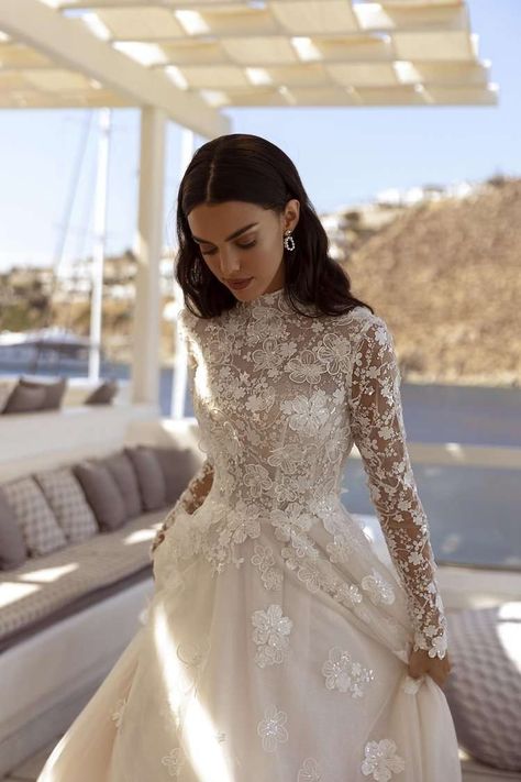 Lace Long Sleeve Wedding Dress High Neck, Lee Petra Grebenau Wedding Dress, Wedding Dress Petite Bride, Wedding Dress Sheer Sleeves, Turtle Neck Wedding Dress, Wedding Dress High Neckline, Turtleneck Wedding Dress, Long Sleeve Wedding Dresses Lace, High Neckline Wedding Dress