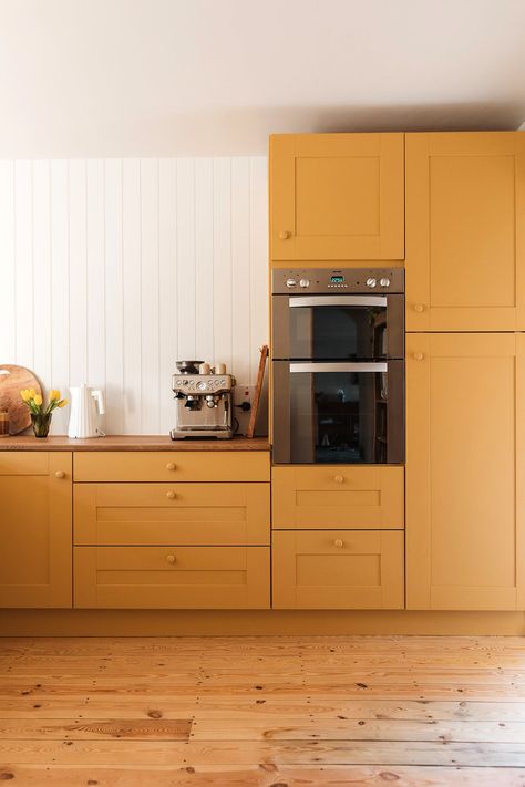 Domino Kitchen, Kitchens 2024, Kitchen Cupboard Paint, Mustard Kitchen, Yellow Kitchen Cabinets, Green Appliances, Cupboard Paint, Melamine Wood, Kitchen Cupboards Paint