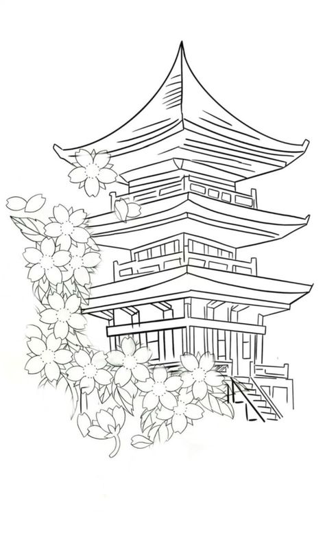 Japanese Tattoos Outlines, Chinese House Tattoo Design, Japanese Tower Tattoo Design, How To Draw Pagoda, Japanese Pagoda Tattoo Design, Pagoda Tattoo Stencil, Chinese Design Tattoo, Japanese Temple Tattoo Stencil, Japanese Pagoda Drawing