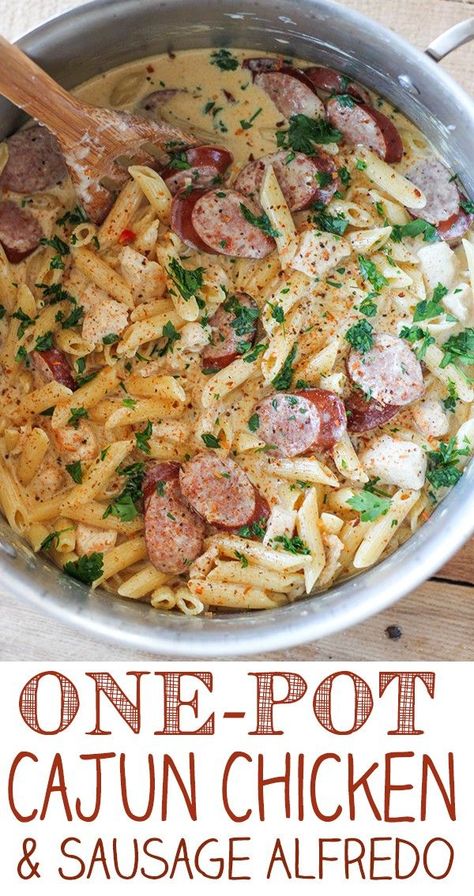 Smoked Sausage Cajun Alfredo, Cajun Chicken And Sausage Alfredo, Chicken And Sausage Alfredo, One Pot Cajun Chicken Pasta, Cajun Chicken And Sausage, Sausage Alfredo Pasta, Sausage Alfredo, Cajun Chicken Alfredo, Chicken And Sausage