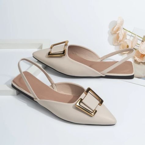 Gold Decor Sling Back Flats Metal Beige Elegant Upper/Lining/Insole Material: Pu Leather Outsole Material: Leather Elegant Shoes Flat, Most Comfortable Heels, Sling Back Flats, Flat Shoes Outfit, Comfortable Bridal Shoes, Cream Flats, Dressy Flats, Produk Apple, Shoes Heels Classy