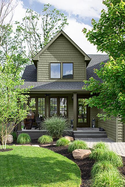 Best Craftsman Exterior Paint Colors, Cabin Outdoor Paint Colors, Exterior Olive Green House, Exterior House Green Color Schemes, Gray Green House Paint Exterior, Green Siding Brown Trim, Benjamin Moore Adirondack Green, Sage House Exterior Color Palettes, Sage Green House Exterior Color Palettes Farmhouse