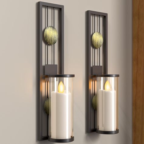 PRICES MAY VARY. RETRO CANDLE SCONCES- Add an eye-catching look to any space with this fabulous pair of wall sconce candle holders. Each sconce features an openwork rectangular silhouette and cylindrical acrylic shade, which could allow you to place pillar candle or flameless LED light to increase brightness.(Candle Not Included) Candle Compatibility: 2.5" W Pillar. WIDELY APPLICATION WALL DECOR- This fascinating candle holder is made of metal and acrylic. It shows a variety of styles and perfec Candle Wall Scones, Wall Sconces Candle, Sconces Candle, Flameless Candles With Timer, Decorations For Living Room, Candle Holders Wall Decor, Wall Candle, Acrylic Wall Decor, Candle Wall Decor