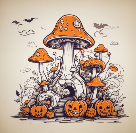 🎃✨ Get your home ready for Halloween with our enchanting Mushroom Halloween Illustration. 🍄👻 It's the perfect blend of spooky and stylish! 🌟🏡 #HalloweenDecor #MushroomArt #Fantasy mushroom art #Vintage mushroom decor #Funky house decor #Weirdcore bedroom #DIY mushroom decor #Mushroom coffee Fantasy Mushroom Drawing, Christmas Mushroom Illustration, Christmas Mushroom Art, Halloween Mushroom Art, Hippie Mushroom Art, Mushroom Home Drawing, Mushroom Person Drawing, Mushroom House Tattoo, Tattoo Casa