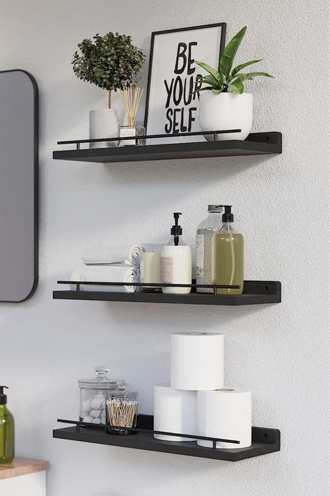 Modern Black and White Kitchen Elegance: WOPITUES Floating Shelves

#modernkitchen #blackandwhitekitchen #floatingshelves #elegancedecor #savvyfinds Black And White Bathrooms Decorations, Black Shelves For Bathroom, Black And White Bathroom Shelves, White Bathroom Ideas Modern, Bathroom Accessories Ideas Decor, Bathroom Shelving Ideas, Modern Black And White Kitchen, Black Bathroom Shelves, Metal Guardrail