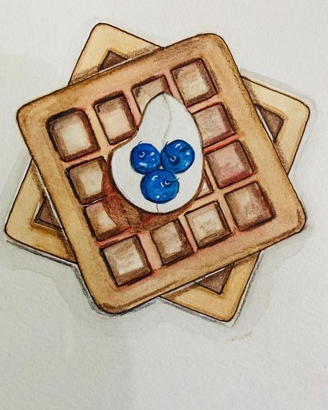 How To Draw Waffles, Waffles Drawing Doodles, How To Draw Pancakes, Waffle Drawing Easy, Waffles Painting, Waffle Painting, Waffle Sketch, Food To Draw, Watercolor Art Food