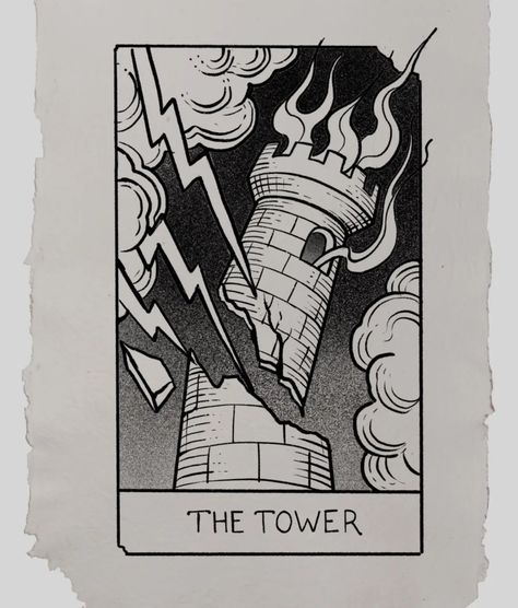 The Tower Tarot Card Art, Tower Tarot Card Tattoo, Tower Tattoo Design, Tarot Stencil, The Tower Tarot Card Tattoo, Tarot Tower Card, Tower Tarot Tattoo, Tarot Flash Tattoo, The Tower Tattoo