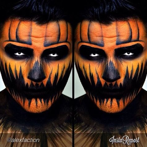 Make-up for Halloween - great pumpkin look Face Paint For Men, Scary Face Paint, Mens Halloween Makeup, Scarecrow Halloween Makeup, Creepy Halloween Party, Holloween Makeup, Monster Makeup, Halloween Pumpkin Carving Stencils, Toxic Waste