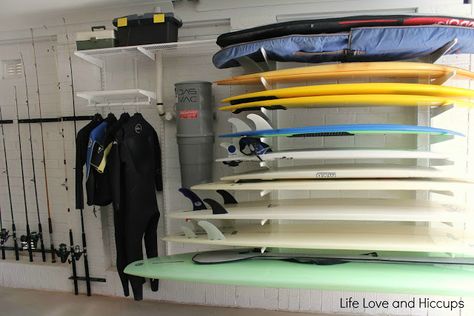 Elfa System, Casa Casuarina, Surfboard Storage, Interior Design Crafts, Fishing Rod Holders, Casa Garage, Surf Rack, Gear Room, Surfboard Rack