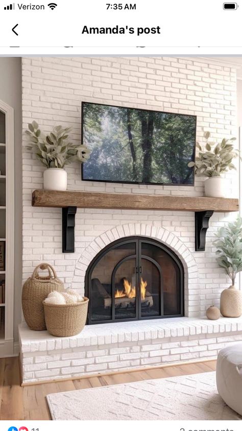 Beach Theme Fireplace, Brick And Stucco Fireplace, White Brick And Wood Fireplace, Electric Fireplace With Mantle Brick, Arch Stone Fireplace, Fireplace Mantle On Brick, Brick Fireplace Herringbone, Light Whitewash Brick Fireplace, Farmhouse Chic Fireplace