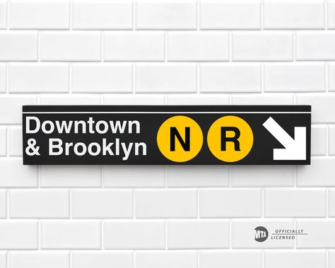 "MTA Officially Licensed NYC Subway Sign - Downtown & Brooklyn This sign is approved by the MTA (Metropolitan Transit Authority) and meets their quality standards as an authentic reproduction sign. It is based on New York City's subway signs. ABOUT THIS SIGN Each sign is handmade one at a time from MDF wood and painted flat black. Signs are made with a combination of screen printing and/or stenciling paint onto the wood. We don't use any vinyl, cut out, or stick on letters. Signs are slightly di Subway Signs, Ny Subway, Downtown Brooklyn, Train Map, Alphabet Signs, New York City Subway, Subway Sign, City Sign, New York Subway