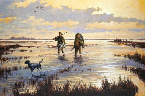 duck hunting | painting of hunters and a dog wading in a marsh at sunrise Hunting Drawings, Waterfowl Art, Hunting Painting, Hunting Pictures, Hunting Art, Waterfowl Hunting, Duck Hunter, Duck Art, Hunting Women