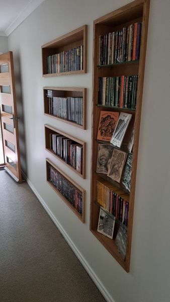 inset bookcases! Wall Inset Shelves, Wall Recessed Shelves, Indented Wall Shelves, Inset Wall Shelves, Recessed Shelf In Wall, Wall Inserts Built Ins, Wall Recess Ideas, Recessed Bookshelf In Wall, Shelving Between Studs