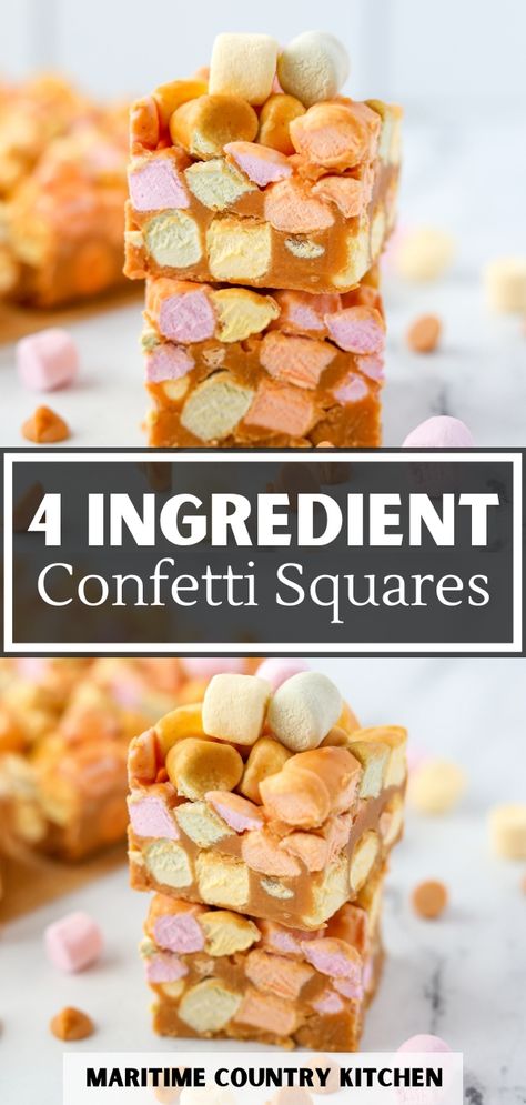 Indulge in the nostalgic delight of Butterscotch Confetti Squares! These easy, no-bake treats combine creamy butterscotch and colorful marshmallows for a burst of flavor. Perfect for parties or a sweet snack, these squares are a crowd-pleasing favorite. Bring joy to your dessert table! Colored Marshmallow Squares, Squares For A Crowd, Marshmallow Confetti Squares, Coloured Marshmallow Squares, Butterscotch Confetti Squares, Confetti Squares Butterscotch, Easy Christmas Squares, Marshmallow Butterscotch Squares, Easy No Bake Desserts For A Crowd