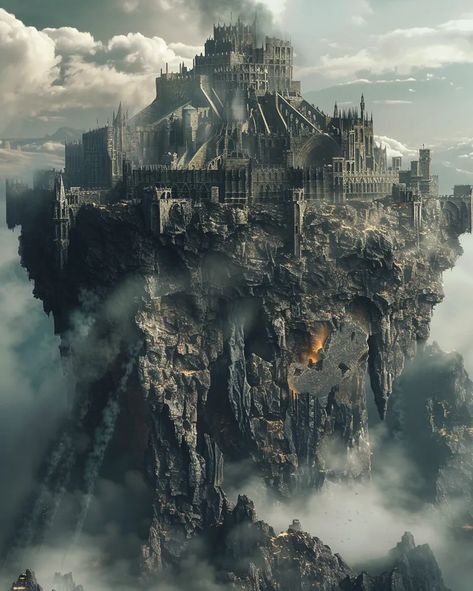 The image is of a castle on a floating rock. The castle is made of black stone and has a gothic style ->> more details in ai-img-gen.com Underworld Castle, Underground Castle, Stone Kingdom, Dnd Artwork, Lugares Aesthetic, Mysterious Castle, Floating Castle, Stone Castle, Enchanted Kingdom