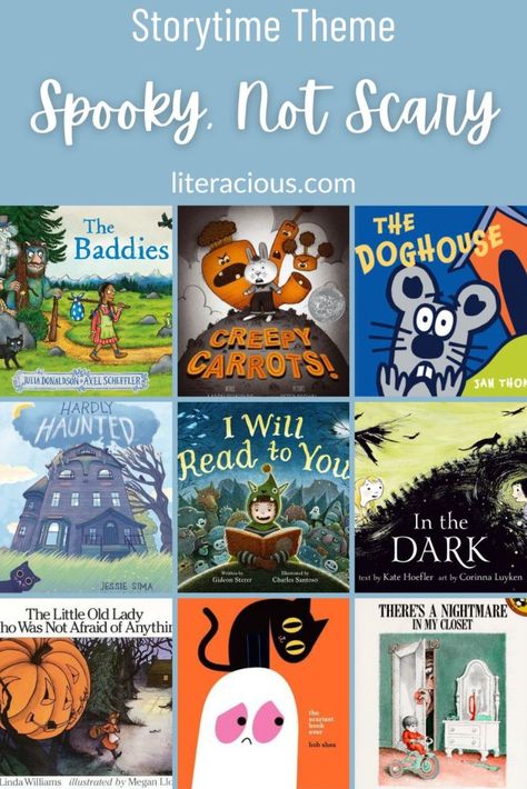 Storytime Theme: Spooky, Not Scary – Literacious October Storytime Ideas, Lesson Plan For Toddlers, Spooky Stories For Kids, Halloween Storytime, Storytime Themes, Halloween Sounds, Lesson Plans For Toddlers, Scary Books, Halloween Stories