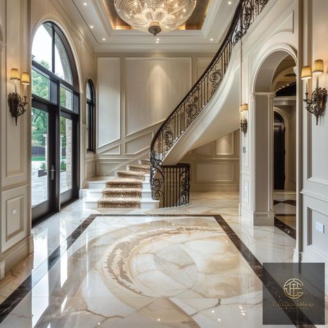 Step into luxury with this grand entrance that sets the tone for opulence and elegance in every corner. 🏰✨ #HomeGoals #ArchitectureLove Two Stairs Entrance, Luxury Staircase Grand Entrance, Stairs Design Interior Luxury, Grand Staircase Entrance, Steel Staircase Design, Elegant House Interior, Grand Stairs, Stairs Aesthetic, Aesthetic Stairs