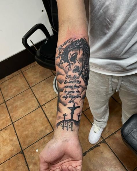 Cross With Bible Verse Tattoo For Men, For God So Loved The World Tattoo, God Tattoos For Men Arm, Men Biblical Tattoos, Tennessee Tattoo For Men, Tribe Tattoo For Men, Christian Half Sleeve Tattoo Men, Best Christian Tattoos For Men, Bible Tattoos Men