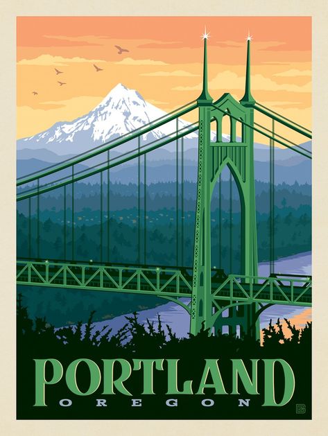 Vintage Portland Oregon, Vintage Oregon Poster, St Johns Bridge Portland, Portland Wallpaper, Oregon Illustration, Portland Oregon Aesthetic, Portland Poster, Oregon Poster, American Travel Posters