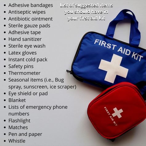 This Friday's safety tip: Make sure you have a First Aid Kit. Check the expiration date on them as well. You can always set a reminder in your phone to change them out once a year. Listed on this picture are recommended items you should have in your First Aid Kit. Let me know in the comments if there is anything missing on this list. Survival Skills Emergency Preparedness, First Aid Tips, First Aid Kits, Ice Scraper, Bug Spray, Latex Gloves, Expiration Date, Cold Pack, Aid Kit