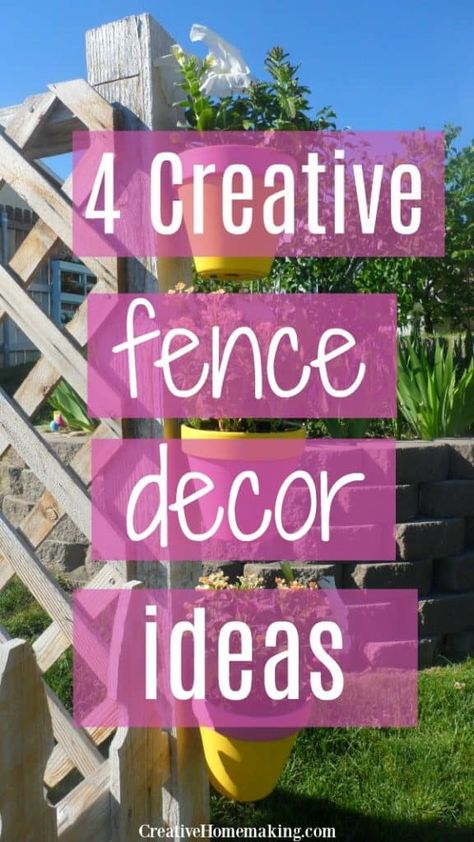 Diy Decorative Fence Ideas, Diy Fence Decorations, Metal Flowers Diy Yard Art Fence, Backyard Fence Decorating Ideas Creative, Back Fence Decorating Ideas, Decorating Fence Ideas, Fence Post Decor, Decrotive Fence Ideas, Garden On Fence Ideas