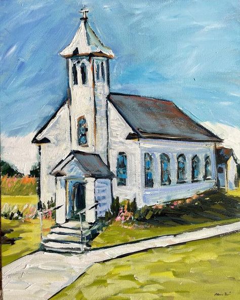 Church Paintings Ideas, Church Painting On Canvas, Country Side Painting, Southern Paintings, Midwest Core, Chapel Painting, Church Drawing, Church Artwork, Church Painting