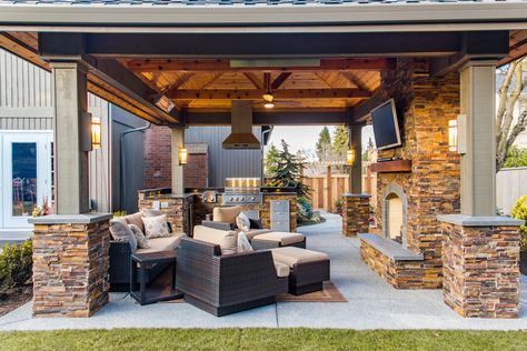 This Seattle-area outdoor family room by @urbanoasisllc features wall mount WD-Series heaters to supplement the warmth from the fireplace so the space can be enjoyed year-round. #outdoorroom #outdoorrooms #seattlehomes #pacificnorthwesthomes #outdoorheater #outdoorheaters #outdoorlivingspace #outdoorlivingspaces #outdoorlivingroom #outdoorlivingarea Tabletop Patio Heater, W Series, Stone Fireplaces, Outdoor Fireplace Patio, Grill Area, Backyard Pavilion, Outdoor Living Rooms, Backyard Bar, Backyard Remodel