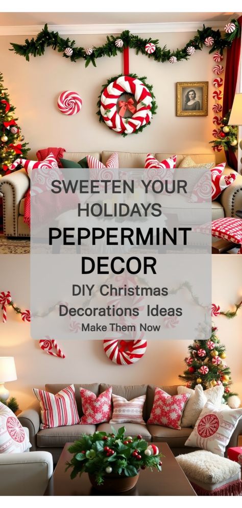 Charming DIY Peppermint Decorations Peppermint Decorations Christmas, Diy Peppermint Candy Decorations, Peppermint Decorations, Peppermint Christmas Decorations, Peppermint Ornament, Peppermint Candles, Christmas Decorations Ideas, Christmas Tree Village, Candy Wreath