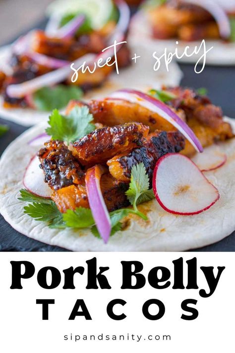 Spice up your day with the irresistible flavors of our Easy Pork Belly Tacos! Crispy, tender, decadent, sweet and spicy. There is so much going on here, but it couldn't be easier. Pork Belly Tacos Recipe, Easy Pork Belly, Spicy Pork Belly, Chipotle Pork, Pork Belly Recipes Crispy, Pork Belly Strips, Chipotle Salsa, Pork Belly Tacos, Chipotle Recipes