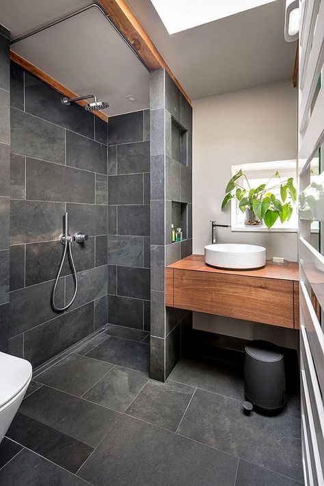 bathroom black gray slate wood: minimalist bathroom by CONSCIOUS ...  #bathroom #black #conscious #minimalist #slate Makeover Kamar Mandi, Dekorere Bad, Bilik Air, Bilik Mandi, Tiny House Bathroom, Design Bathroom, Trendy Bathroom, Budget Bathroom, Small Bathroom Design