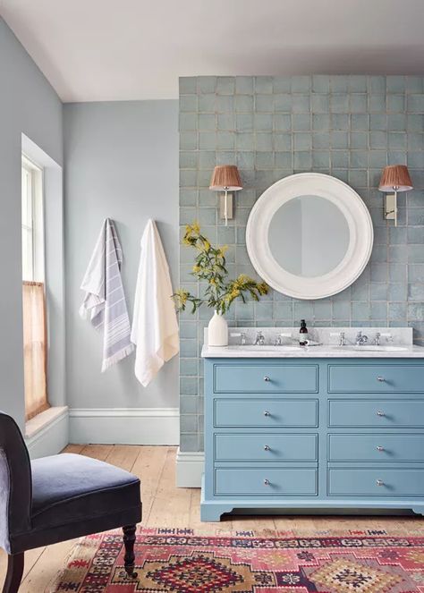 Spotlight on our Barbury tiles | Neptune Green Ensuite, Neptune Bathroom, Best Bathroom Colors, Blue Tile Wall, Spring Interiors, Bathroom Color, Bathroom Wall Tile, Blue Tiles, Bathroom Colors