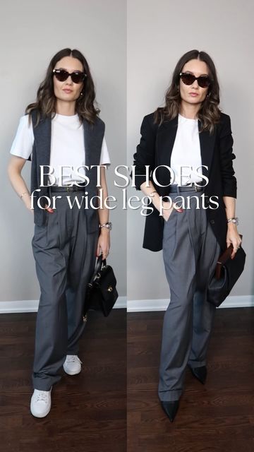 Wide Leg Trousers Shoes Winter, Wide Leg Trouser Shoes, Sneakers With Slacks Women, Wide Leg Pants Blazer Outfit, Wide Leg Pants With Boots Winter, Wide Leg Trousers And Trainers, Wide Leg Pants With Tennis Shoes, Shoes For Wide Leg Pants Winter, Shoes With Trouser Pants