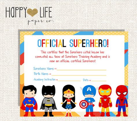 SUPERHERO Training Camp Game PRINTABLE by myhappylifedesigns Superhero Trivia Questions And Answers, Super Hero Name Generator, Superhero Certificate Free Printable, Superhero List, Superhero Trivia, Superhero Birthday Invitations Free, Super Hero Training, Superhero Camp, Superhero Party Games