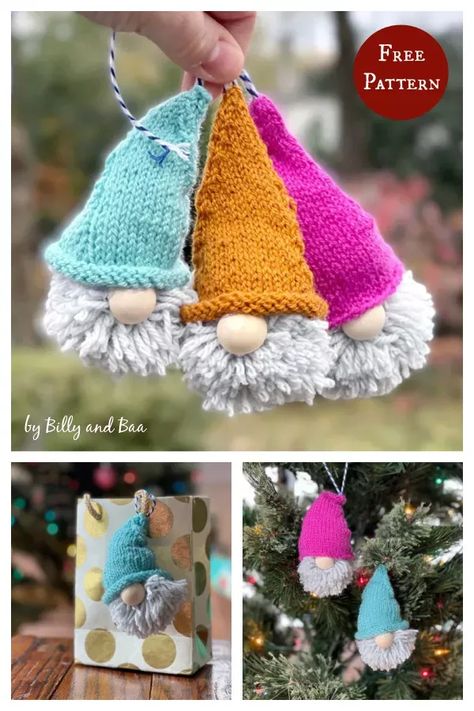 Small Knitted Christmas Decorations, Free Knitting Christmas Patterns, Knit Gnome Pattern, Loom Knit Gnome, Knitted Gnome Hat Free Pattern, Christmas Ornament Knitting Pattern, Knit Gnome Hat Pattern Free, Knitted Gonk Pattern Free, Knitting Christmas Decorations