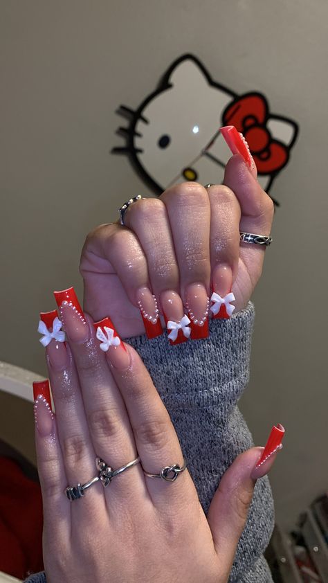 Birthday Nails Red And White, Red Baddie Nails Acrylic, Red Square Nails Design, Baddie Acrylics, Red Hello Kitty Nails, Red Nail Sets, Hello Kitty Acrylics, French Tip Acrylic Nails Short, Red Baddie Nails