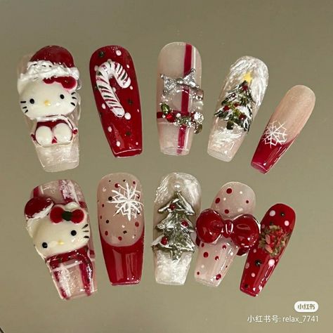 Winter Nails Dark Colors, Hello Kitty Nails Tutorial, Cutesy Christmas Nails, Kuromi Christmas Nails, Sanrio Winter Nails, Christmas Charm Nails, Christmas Sanrio Nails, Christmas Nails Kawaii, Asian Christmas Nails