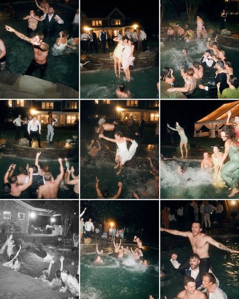 Wedding Pool After Party, Huge Wedding Party, Claire Hiller Wedding, Crazy Wedding Party, Film Noir Wedding Theme, Wedding Ideas After Party, Chaotic Wedding Aesthetic, Wedding Afterparty Photos, Wedding Afterparty Aesthetic