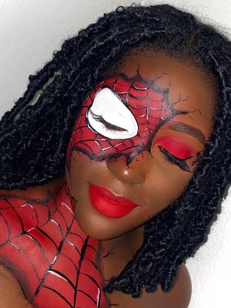 Holloween Makeup Girl, Spider Man Makeup Women Easy, Spider Man Halloween Makeup, Superhero Makeup Female, Spidergirl Makeup, Batman Eye Makeup, Spider Girl Makeup, Spider Man Makeup Women, Batman Makeup Ideas