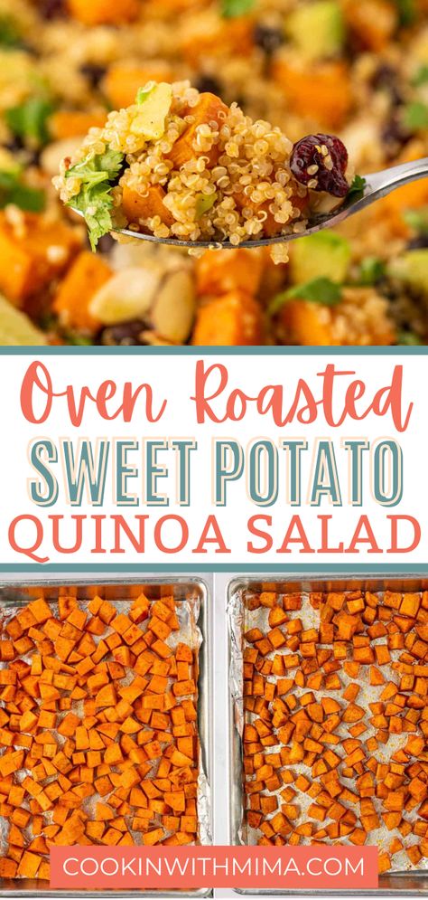 This Oven Roasted Sweet Potato Quinoa Salad is super nutritious and absolutely packed with incredible flavor! It’s the perfect recipe to make ahead of time for a protein filled lunch. You can also serve it as a side to any meal. Try this tasty salad recipe today and I know you’ll be in love! Quinoa Kale Sweet Potato Salad, Quinoa Salad With Sweet Potato, Roasted Sweet Potato Quinoa Salad, Sweet Potato And Quinoa Recipes, Quinoa And Sweet Potato Recipes, Quinoa Sweet Potato Recipes, Brussel Sprouts And Sweet Potato Recipe, Roasted Quinoa Salad, Sweet Potato Quinoa Bowl