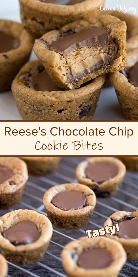 The BEST Reese’s Chocolate Chip Cookie Bites – CUCINADEYUNG Chocolate Chip Cookie Dough Pretzel Bites, Chocolate Chip Cookie Bites, Christmas Chocolate Chip Cookies, Health Dessert Recipes, Chocolate Chip Cookie Brownies, Crumble Cookie Recipe, Easy Dump Cake Recipe, Chocolate Chip Cookie Cups, Paris Bakery