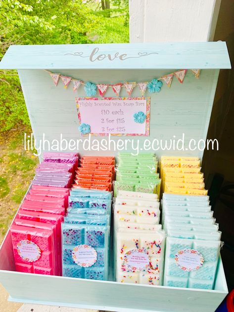 Craft vendor booth display - Lily Haberdashery Candle And Wax Melt Display, Wax Melts Display Ideas, Wax Melt Vendor Display, Wax Melt Display Ideas, Wax Melt Display Craft Show, Craft Vendor Booth, Chocolate Display Ideas, Candle Vendor Booth Ideas, Wax Melt Packaging Ideas