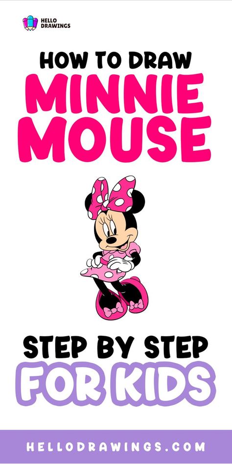 How to Draw Minnie Mouse | Simple Guide for Kids Drawing Minnie Mouse, Disney Cartoon Drawings, Draw Minnie Mouse, Disney Drawing Tutorial, Minnie Mouse Drawing, Drawings Tutorials, Cartoon Drawings Disney, Cartoon Drawing Tutorial, Disney Cartoon Characters