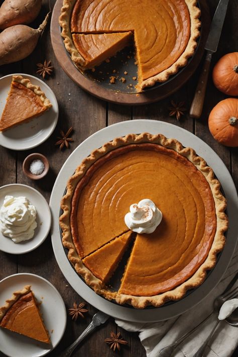 A photo of a  Sweet Potato Pie which is a type of thanksgiving desserts Cute Thanksgiving Aesthetic, Thanksgiving Pie Decorations, Thanksgiving Food Photography, Thanksgiving Aesthetic Food, Fancy Thanksgiving Desserts, Pumpkin Pie Aesthetic, Thanksgiving Dinner Aesthetic, Thanksgiving Desert, Best Thanksgiving Desserts