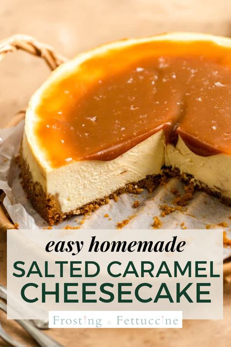 This easy homemade cheesecake with salted caramel is so smooth, delicious and easy to make! It has salted caramel sauce in the cheesecake batter and slathered on top. You can use either store bought or homemade caramel, either way you can't go wrong! Sea Salt Caramel Cheesecake Recipe, Sea Salt Caramel Cheesecake, Cheesecake Factory Salted Caramel Cheesecake, Caramel Cheesecake Topping, Cheesecake With Caramel Topping, No Bake Salted Caramel Cheesecake Bars, Easy Salted Caramel Cheesecake, Carmel Cheesecake Topping, Dessert With Caramel Sauce