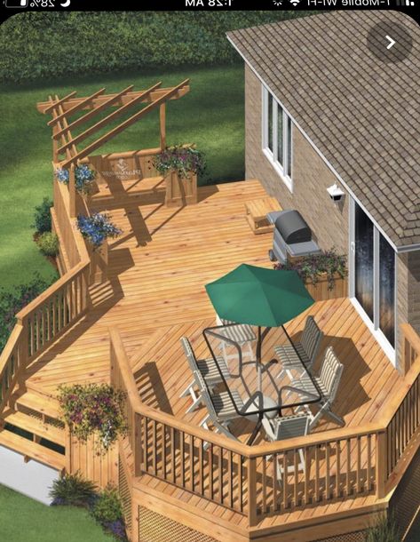 Sundeck Ideas Deck Design, Deck Architecture Design, Deck With Steps Down To Patio, Back Porch Wood Deck Ideas, Back Porch Designs Layout, Small Deck Layout Ideas, Two Tiered Deck Ideas, Back Deck Designs Layout, L Shaped Deck Ideas Layout