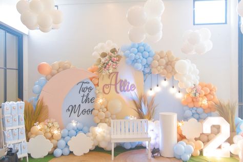 Allie’s 2nd birthday backdrop 2nd Birthday Backdrop, Moon Backdrop, Two The Moon, Moon Party, Birthday Backdrop, 3rd Birthday, 2nd Birthday, Birthday Ideas, The Moon