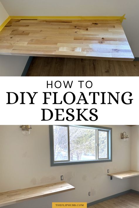 Diy Floating Desk Ideas, Floating Desk Tv Wall, Diy Desk And Shelves, Wall Mount Desk Diy, Wall Mounted Desk Ideas, Diy Floating Counter, Floating Desk Above Radiator, Floating Work Desk, Floating Standing Desk